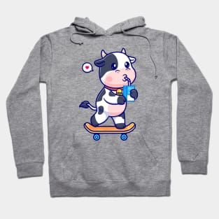 Cute Cow Drinking Milk On Skateboard Cartoon Hoodie